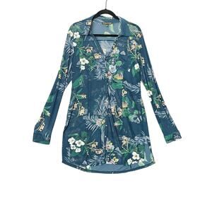 Always Indigo Hawaiian Floral Sheer Button Up Dress Size Large Summer Vacation